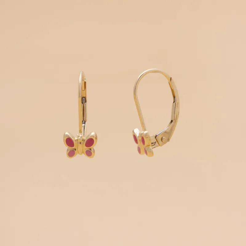 Yellow gold baby butterfly earrings with enamel