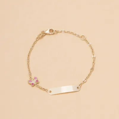 Yellow gold baby bracelet with plate and butterflies