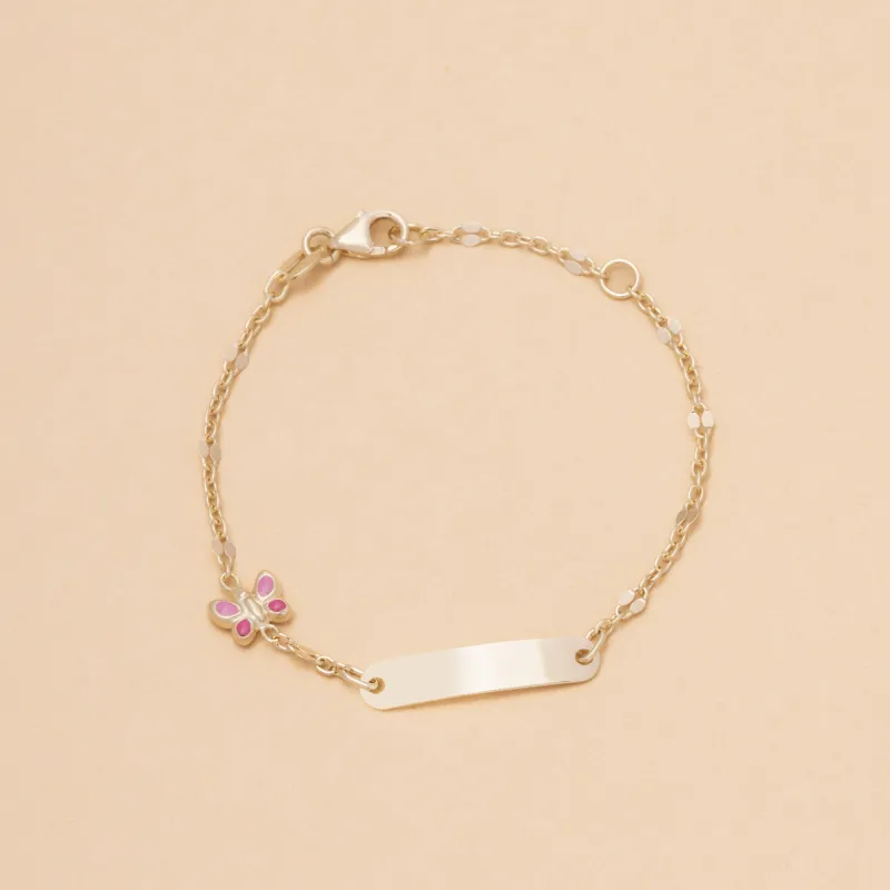 Yellow gold baby bracelet with plate and butterflies