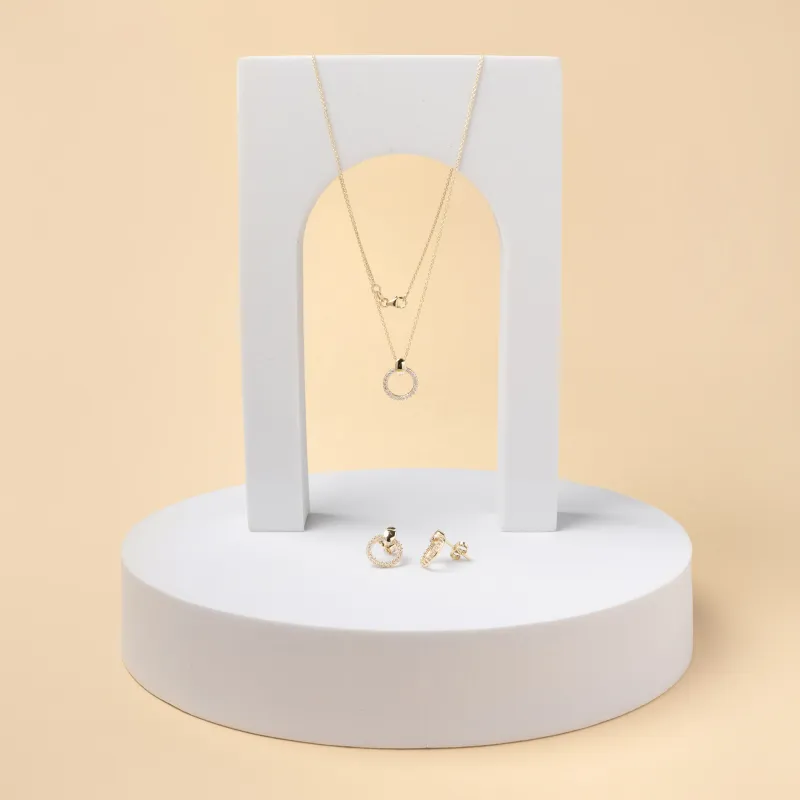 Set (oorbellen en ketting) in geel goud met zirkonia