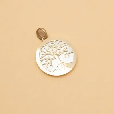 Kleine ronde "Tree of Life" hanger in geel goud met parelmoer