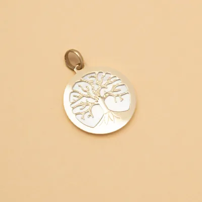 Yellow gold small round pendant "Tree of Life" with mother of pearl