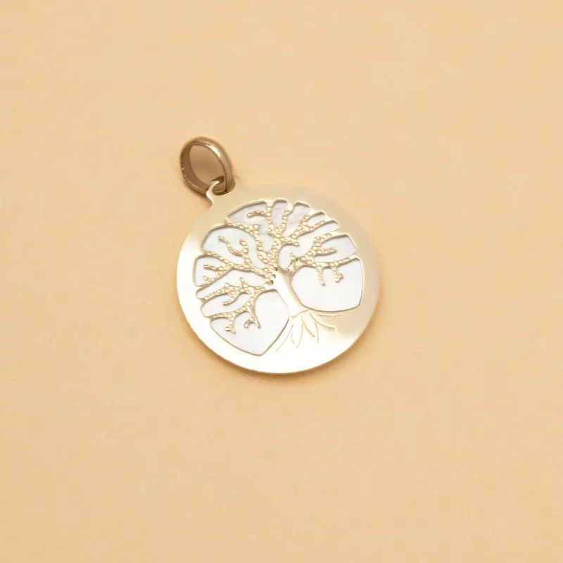 Kleine ronde "Tree of Life" hanger in geel goud met parelmoer