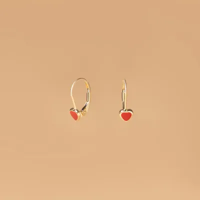 Yellow gold baby earrings  with red enameled hearts