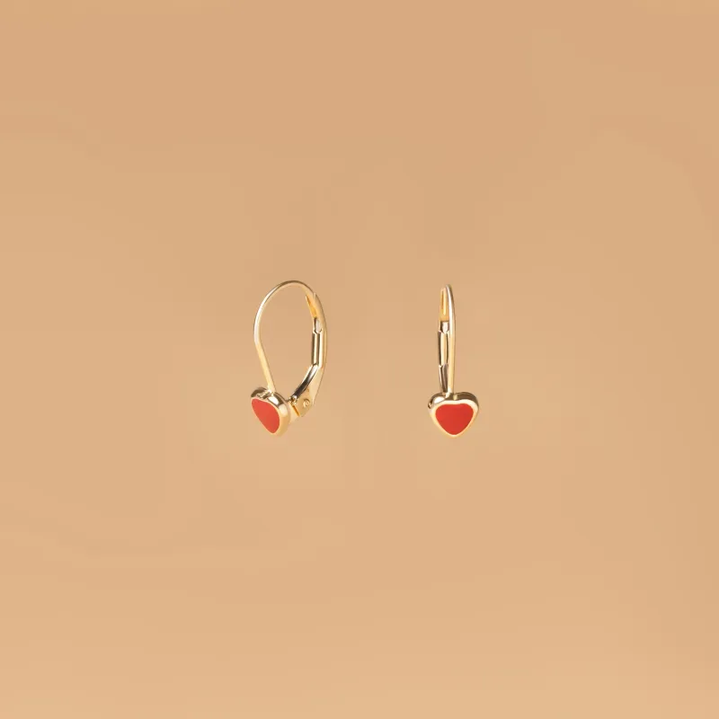 Yellow gold baby earrings  with red enameled hearts