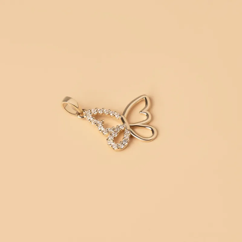 Yellow gold butterfly-shaped pendant with cubic zirconia line