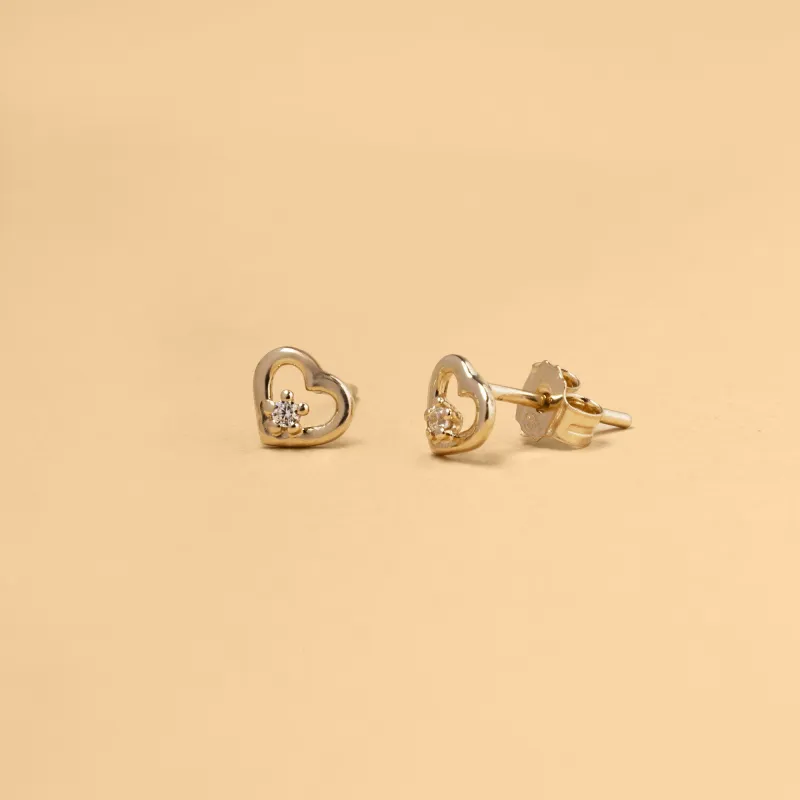 Yellow gold heart-shaped stud earrings with cubic zirconia