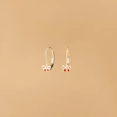 Yellow gold baby earrings  with red enameled butterfly