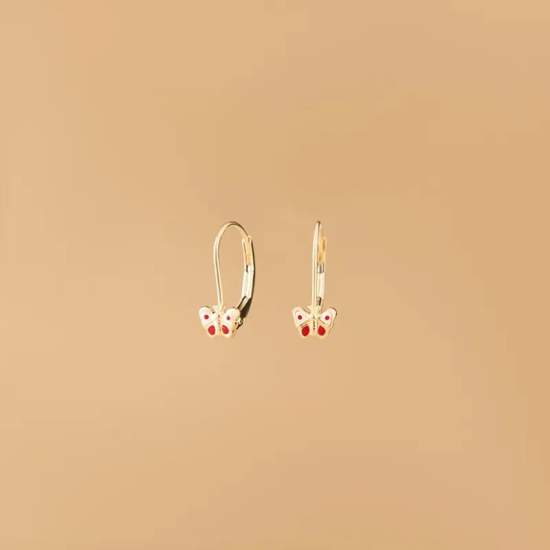 Yellow gold baby earrings  with red enameled butterfly