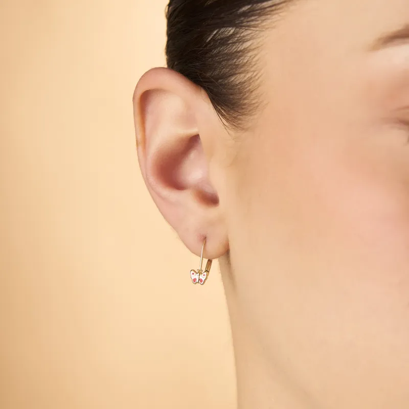 Yellow gold baby earrings  with red enameled butterfly