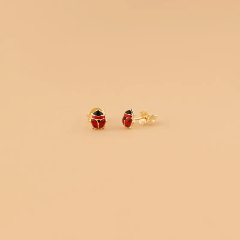 Yellow gold baby earrings with enamelled ladybug