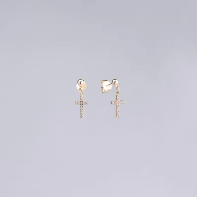 Yellow gold earrings with cross and zirconia