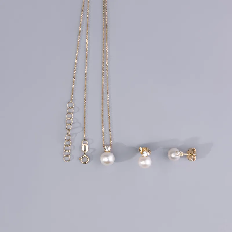 Geelgouden set (ketting + oorbellen) met zirkonia en parels