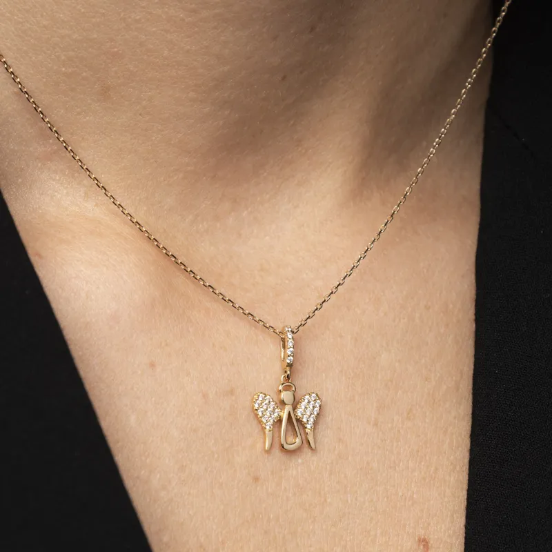 Yellow gold angel-shaped pendant with cubic zirconia