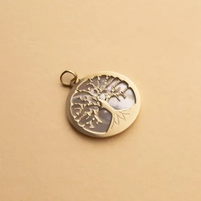 Ronde geelgouden "Tree of Life" hanger met parelmoer