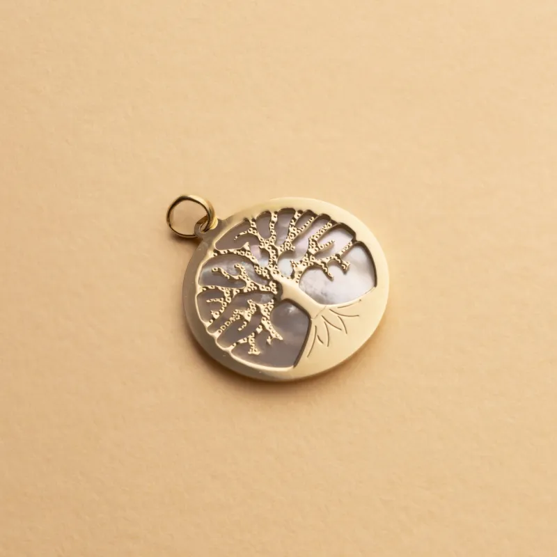 Yellow gold round pendant "Tree of Life" with mother of pearl