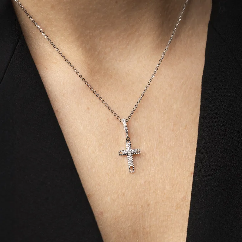 White gold small cross pendant with cubic zirconia