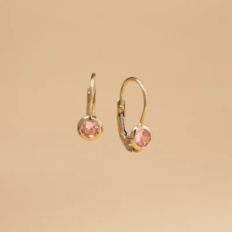 Baby earrings in yellow gold with pink cubic zirconia